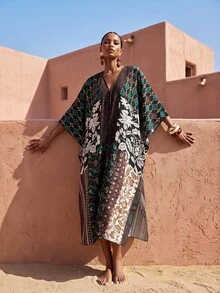 Zivah New Elegant Women's Multi-Color New Chinese Style Pattern Printed Square Scarf Style Tie-Front Bohemian Vacation Robe Long Cover-Up, Suitable For Multiple Occasions, Elegant Women's Beach Vacation Versatile - Multicolor - View 5