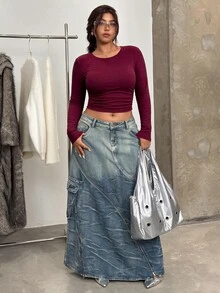 SHEIN EZwear 女款純色抓皺修身百搭長袖T恤，適合日常穿著 - 酒紅色 - 查看 5