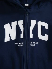 青少年女孩 NYC 字母印花拉鍊抓絨連帽外套、白色背心、格紋寬腿褲 3 件套，寬鬆休閒街頭風運動套裝，適合日常穿著 - 灰色 - 查看 9