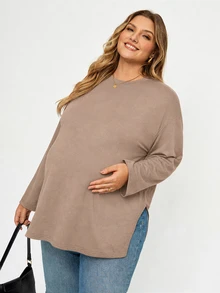 Plussiva Plus Size Solid Color Casual Versatile Daily Wear Top For Pregnant Women - Camel - View 3