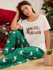 Doze Lane طقم بيجامة عيد الميلاد بطبعة شجرة عيد الميلاد & عناصر عيد الميلاد، بلوزة بأكمام قصيرة & بنطال طويل - أبيض - مشاهدة 4