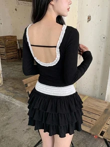 DAZY 女款蕾絲飾邊修身百搭日常長袖上衣 - 黑色 - 查看 2