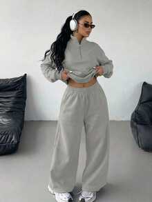 DAZY American Style Half-Zip Sweatshirt 2 Pieces Set For Women, Cropped Waist-Exposing Top And Loose Wide-Leg Sweatpants - Grey - View 6