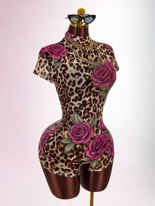 Amplova Leopard Print Bowknot Strap Fitted Short Sleeve Ruched Floral Semi-Sheer Sexy Women's Mini Bodycon Jumpsuit - Purple - View 4