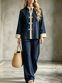 LUMIGAL Women's Colorblock Long Sleeve Top And Pants 2 Pieces Set Brunch Tea Party Navy Blue Summer Minimalist - Navy Blue - View 3