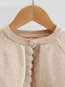 SHEIN Vintaside Kids 女嬰針織開襟衫 春秋款 長袖 優雅素色 短版披肩外套 時尚百搭 - 卡其色 - 查看 4