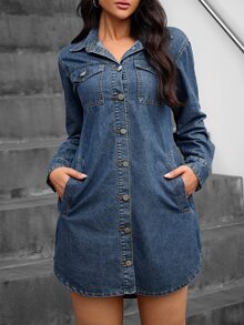 SHEIN Tall Women's Long Sleeve Collared Denim Shirt Dress, Front Button Closure, Patch Pockets, Curved Hem, Casual Denim Mini Skirt - Dark Wash - View 2