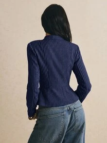 Poéselle Jaket Napoleon Kasual Wanita Lengan Panjang Bergaris dengan Kancing - Royal Blue - View 6