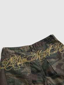 ROMWE Street Life Women's Letter Print Camouflage Casual Everyday Denim Shorts - Army Green - View 3