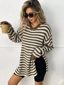 Elyressa Sweater Wanita Bergaris Kasual Gaya Prancis dengan Desain Belahan, Musim Dingin - MultiWarna - View 4