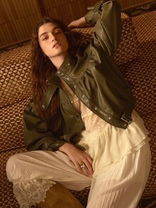 MOTF STUDIO WOMEN'S AUTUMN PU DROPPED SHOULDER RUCHED FLIGHT JACKET - Army Green - View 2