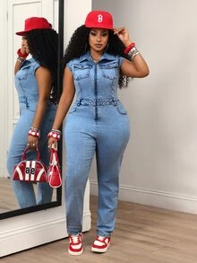 Slaydiva Plus Size Zipper Half-Placket Pocket Fashion Denim Jumpsuit - Blue - View 6