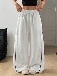 SHEIN PETITE Women's Autumn/Winter Street Style Vintage Holiday Outing Back To School Basic Black Wide Leg Pants, Essential For Daily Wear - White - View 10