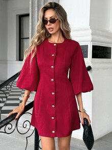 Pariaura Desain Fashion Baru, Gaun Pendek Kasual Elegan Serbaguna dengan Leher Bulat Warna Burgundy - Burgundy - View 3