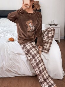 Napfluff Cute Bear Decor Soft Plush Comfortable Home Pajama Set, Soft Girl Style Pattern Long Pants Sleepwear - Brown - View 6