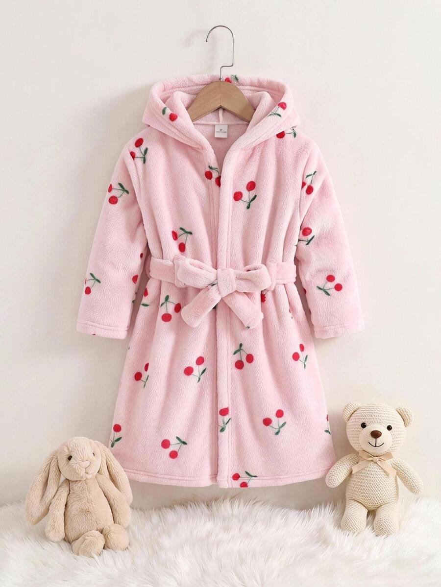 SHEIN 女嬰針織純色櫻桃圖案印花連帽人造毛休閒居家服,適合秋冬穿著 - 彩色 - 查看 1