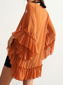 Bohemela Plus Size Women Solid Color V-Neck Front Tie Flared Sleeve Ruffle Hem Loose Fashion Blouse - Orange - View 6