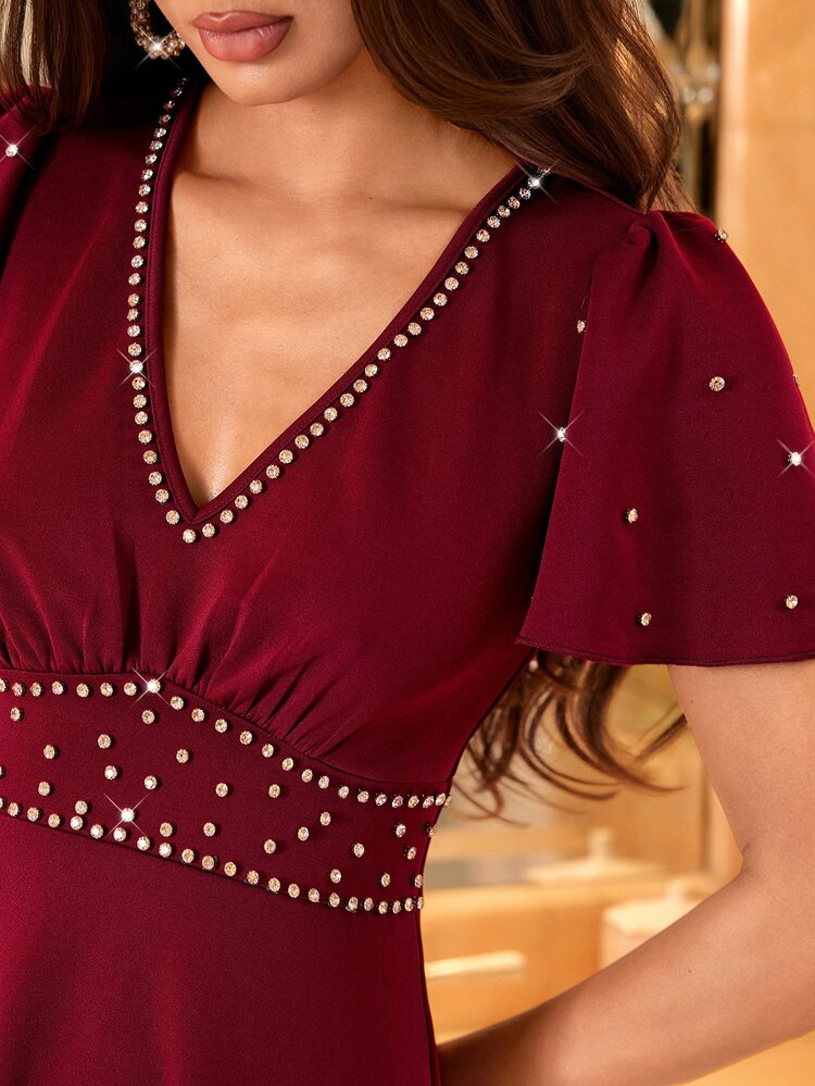 Amorya Women's Faux Pearl Decor V-Neck Ruffle Short Sleeve Elegant Midi Dress - Burgundy - View 10
