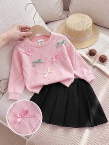SHEIN Baby Girl Bow Decor Long Sleeve Sweatshirt And Pleated Skirt Cute Set - Pink - View 8