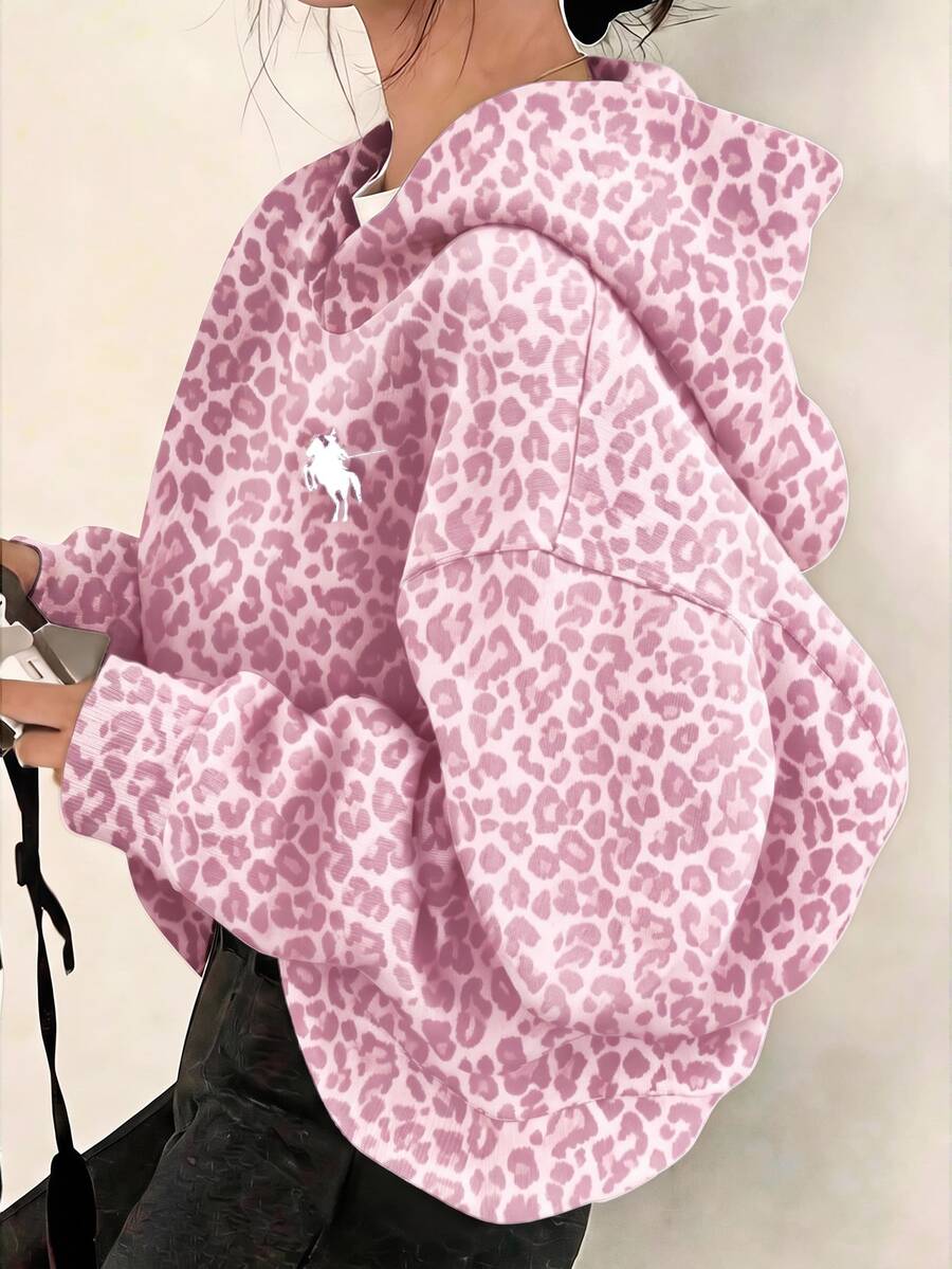 復古甜美學院風豹紋騎士馬圖案,青少年女孩休閒極簡寬鬆舒適衛衣,適合秋冬戶外野餐、出遊、街頭風、校園、慵懶、開學季、Y2K、韓系、百搭 - 白色 - 查看 1