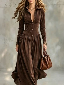 LUMIGAL Women's Solid Color Pleated Casual Party Dress - Coffee Brown - View 1