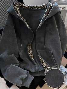 Resyla 2pcs Set, Women's Double Layer Hooded Sweatshirt, Classic Black And Light Gray Combination Jacket, Minimalist Letter Embroidery Pattern, Graphic Design, Leopard Print, Casual Versatile, Daily Wear, Multi-Color Combination - Multicolor - View 3