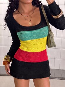 Jeanoix Colorblock Black And Yellow Knit Bodycon Mini Dress, Long Sleeve Low Round Neck Hollow Out Ruffle Hem Nightclub Going Out Night Out Dress Fall Sexy - Black - View 4
