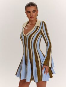 SHEIN BAE Women's Vintage Striped Colorblock Long Sleeve Sweater Dress - Black - View 5