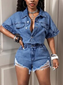 Women's Single-Breasted Frayed Hem Casual Daily Denim Romper - Medium Wash - View 3