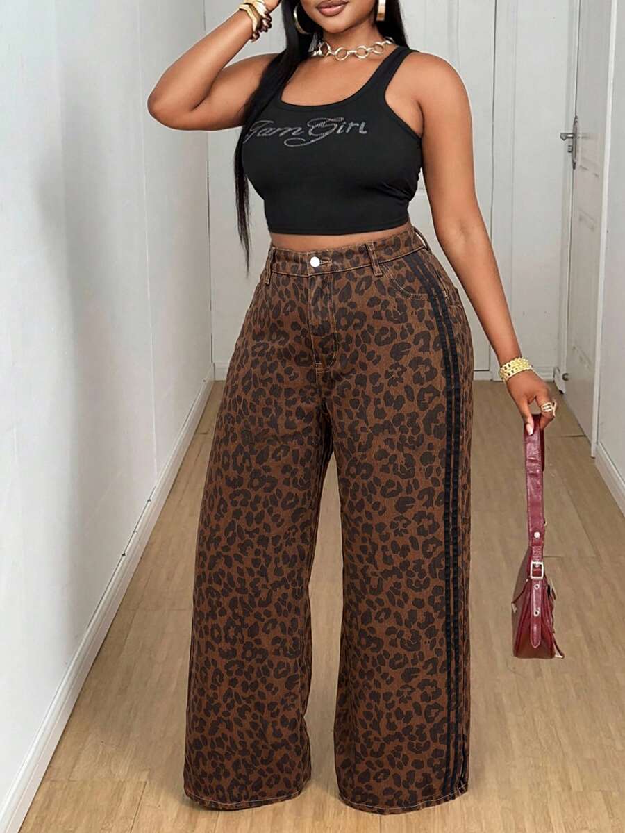 Slaydiva Plus Size Vintage Leopard Print Drawstring Wide Leg Long Pants With Black Side Webbing, Double Back Patch Pockets, High Waist, Street Style, Draped Floor-Length Casual Pants - Multicolor - View 1