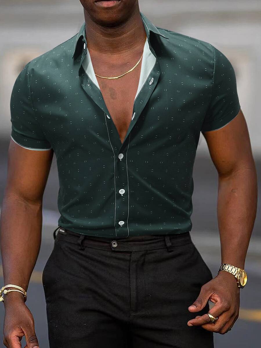 Calvornis Men's Single-Breasted Casual Short Sleeve Shirt (Print Patchwork) - Dark Green - View 1