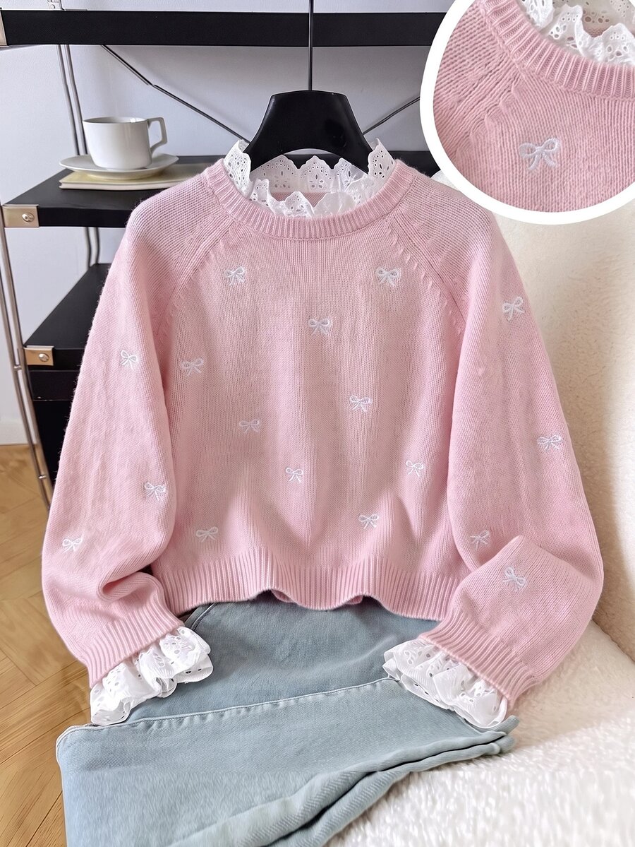SHEIN كنزة صوفية كاجوال للبنات الصغيرات مع ياقة مزينة بالدانتيل ونقشة قلب لفصل الخريف/الشتاء - متعدد الألوان - مشاهدة 1
