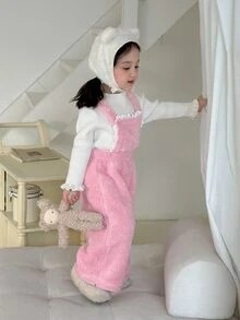 DAZY Baby Girl Frill Trim Plush Overall Casual Romper - Pink - View 5