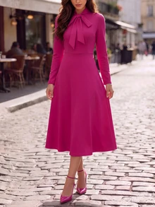 Editum Gaun Pesta Kasual Wanita Warna Polos dengan Kerah, Panjang Sedang - Hot Pink - View 6