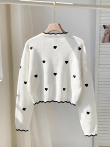 Comfortcana Winter Spring Valentine's Day Date Night Butterfly Heart Bow Front Open Wool Cardigan Ruffle Trim Short Sweater White - Black and White - View 2