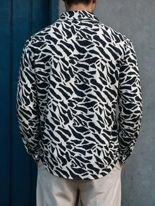 TONEVAULT Men Black White Allover Print Long Sleeve Button Down Shirt, Street Casual Style, Spring Summer, Vacation Party Daily Street, Lapel Loose - Multicolor - View 2