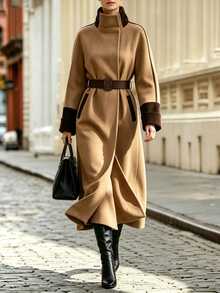 Balvessa Fall Clothes FOR WomenWomen's Contrast Color Raglan Sleeve Elegant Long Overcoat - Brown - View 5