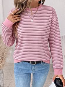 SHEIN LUNE 女款條紋休閒日常長袖運動衫 - 白色 - 查看 7