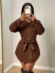 BamGleam 女款純色長袖單排扣腰部綁帶休閒夾克 - 棕色 - 查看 4