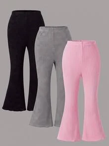 SHEIN Playful Pals 女童休閒基礎款黑色、灰色與粉色 3 件組高腰喇叭褲，多色可選，提供更多搭配選擇 - 彩色 - 查看 10