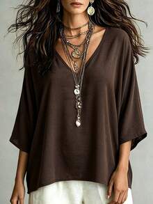 Trelyra Brown Plus Size Women's V-Neck 3/4 Batwing Sleeve Top - Brown - View 3