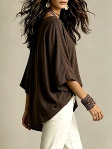 Trelyra Brown Plus Size Women's V-Neck 3/4 Batwing Sleeve Top - Brown - View 2