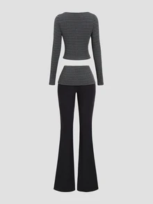 Sweetra Early Autumn Slim Fit Striped Square Neck Long Sleeve Top And Cropped Flare Pants 2 Pieces Set, Versatile Drapey Style - Black - View 2