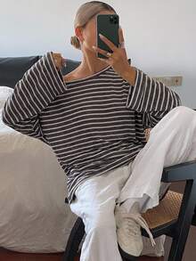 DAZY Women's Striped Asymmetrical Shoulder Loose Street Casual T-Shirt - Coffee Brown - View 5