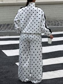 Muchica Pakaian Kasual Sehari-hari untuk Wanita Ukuran Besar dengan Jaket Lengan Panjang dan Celana Motif Polkadot - Hitam dan Putih - View 2