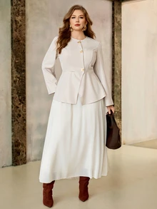 Roveilla European Women's Plus Size Waist-Cinching Slimming Metal Buckle Blazer And Versatile Slimming Skirt 2 Pieces Set Fall - Khaki - View 3