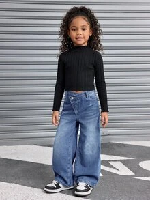 SHEIN Explorewe Girls' Versatile Fashion Casual Blue Straight Leg Denim Jeans - Medium Wash - View 5