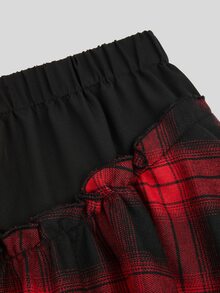 Sweetra Plus Size Autumn/Winter Vintage Plaid Patchwork Mesh Asymmetrical Hem Skirt - Multicolor - View 3