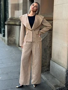 Aloruh Women's Autumn/Winter Brown Textured Lapel Waist-Cinching Blazer + Striped Wide-Leg Long Pants Suit Set - Brown - View 5