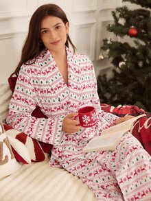 Doze Lane ثوب نوم نسائي طويل بأكمام طويلة وياقة مطبوع عليه رسومات عيد الميلاد - ابيض واحمر - مشاهدة 3